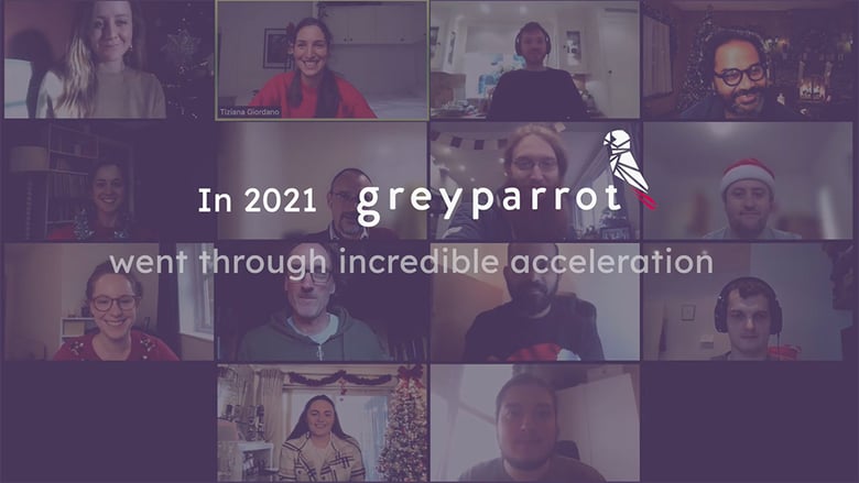The Greyparrot team on a video call, with the logo superimposed in the foreground 
