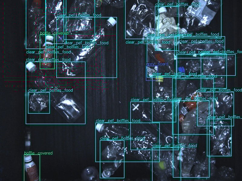 A screenshot of a conveyor belt with waste objects outlined by Greyparrot's waste analytics AI