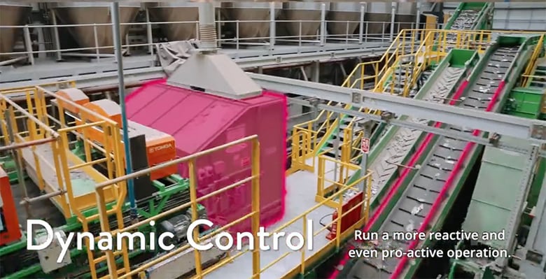 Machinery in a modern material recovery facility with the words 'Dynamic Control' overlaid