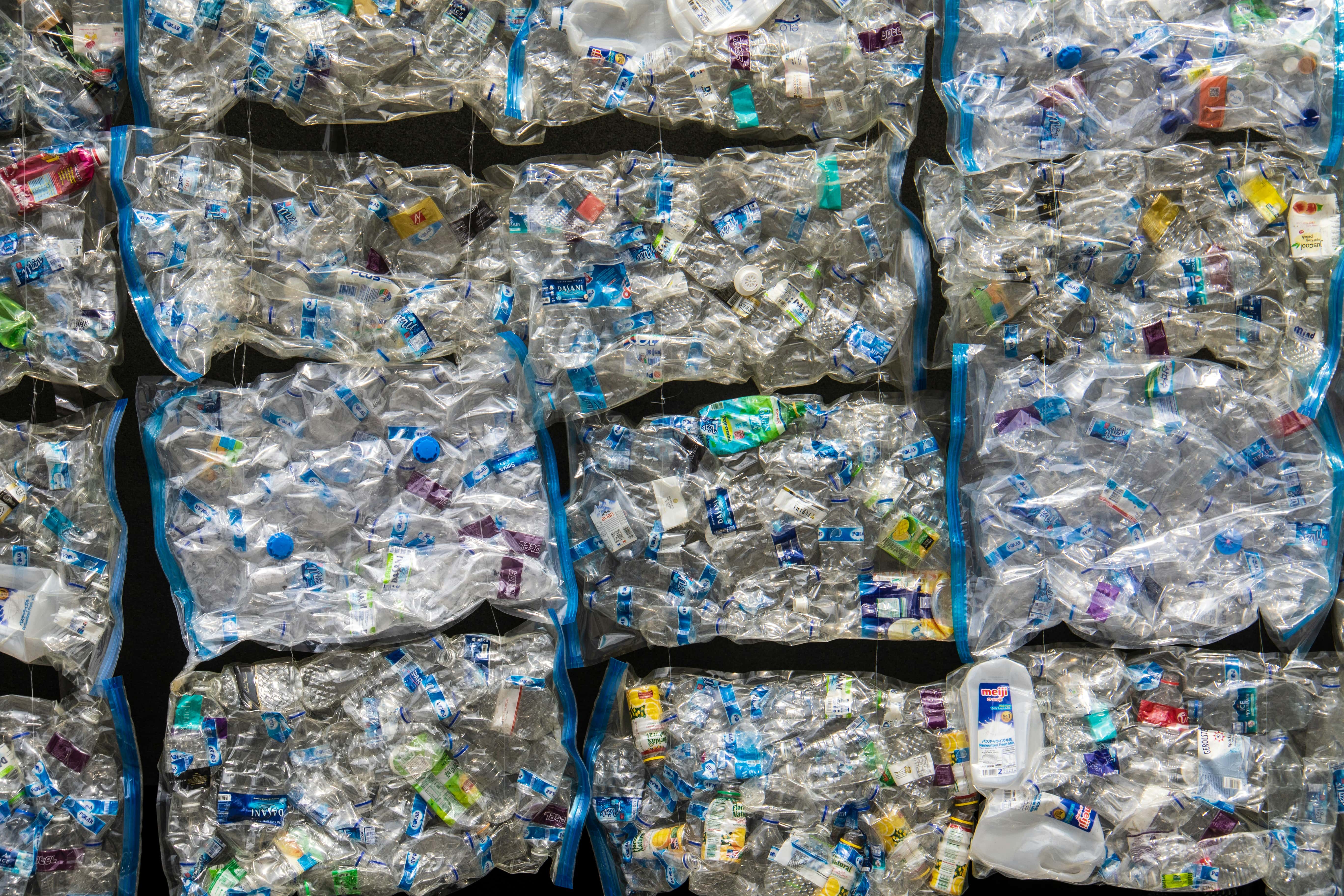bales of recovered plastic before recycling